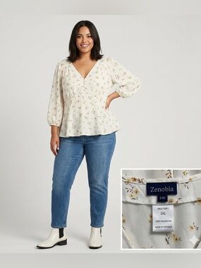 025-Zenobia Boho Peasant V-Neck White Floral Baby Doll  3/4 Sleeve Size 1XL